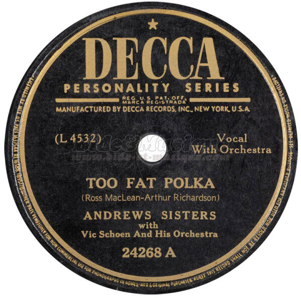 The Andrews Sisters - Too fat polka
